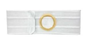 White ostomy belt with a round opening for medical support and ostomy care