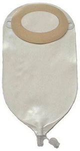Transparent ostomy bag with adhesive ring and drainable bottom, medical supply product.