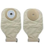 Two beige ostomy bags with adhesive barriers for medical supply home delivery