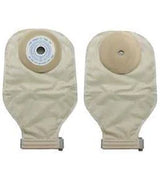 Two beige ostomy bags with adhesive barriers for medical supply home delivery