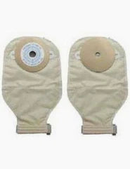 Two beige ostomy bags for medical use with adhesive flanges on a white background.