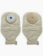Two beige ostomy bags for medical use with adhesive flanges on a white background.