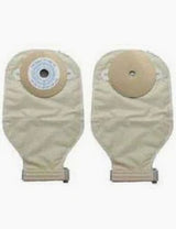 Two beige ostomy bags for medical use with adhesive flanges on a white background.