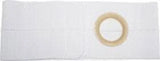 White ostomy belt with circular opening for medical use, laid flat on white background