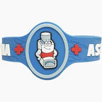 Blue asthma medical alert bracelet with cartoon inhaler and red medical crosses