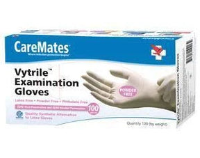 Box of CareMates Vytrile examination gloves, powder free, medical gloves for home healthcare.