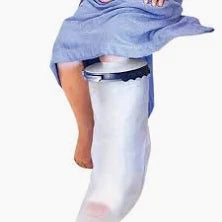 Person wearing a waterproof cast cover on leg for shower or bath protection