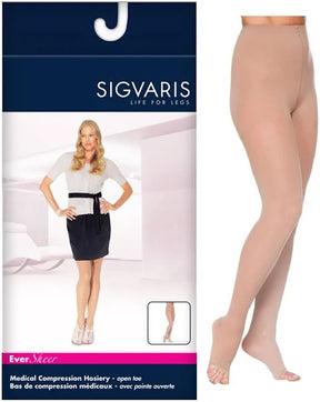 Medical compression pantyhose with open toe for women, beige, displayed in package and worn.
