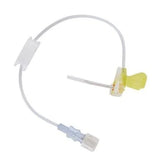 Butterfly winged infusion set with tubing and yellow safety cap for medical use