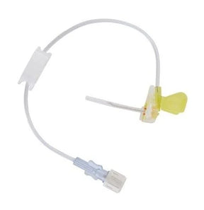 Butterfly winged infusion set with tubing and yellow safety cap for medical use