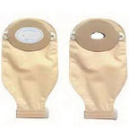 Two beige ostomy bags for medical use, displayed side by side on a white background.