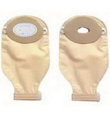 Two beige ostomy bags for medical use, displayed side by side on a white background.