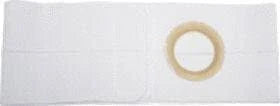 White medical ostomy belt with circular opening for secure stoma care support
