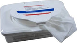 Disposable personal cleansing wipes in a rectangular plastic container for medical home care