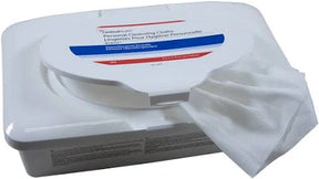 Disposable personal cleansing wipes in a rectangular plastic container for medical home care