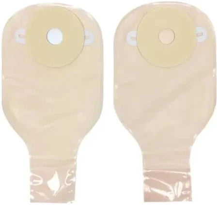 Two beige ostomy pouches with adhesive bases for medical stoma care