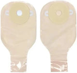 Two beige ostomy pouches with adhesive bases for medical stoma care
