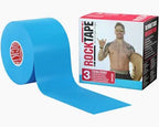 Blue kinesiology tape roll next to product box featuring shirtless man with tattoos.