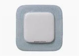 Square sterile medical wound dressing with adhesive border on white background