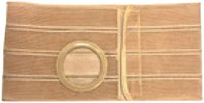Beige abdominal binder with circular opening for ostomy or post-surgery support