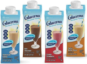Glucerna therapeutic nutrition shakes in homemade vanilla, rich chocolate, creamy strawberry, and classic butter pecan flavors, 8 fl oz cartons.