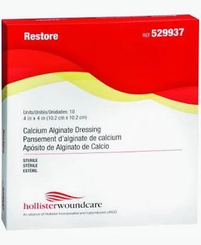 Box of Hollister Restore calcium alginate dressing, sterile wound care product, 4x4 inch, 10 count.