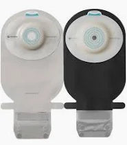 Two ostomy pouches, one beige and one black, with adhesive flanges and closure tabs