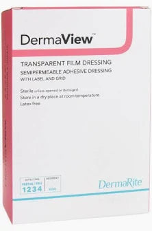 Box of DermaView transparent film dressing, semipermeable adhesive medical supply