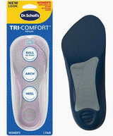 Dr. Scholl's Tri-Comfort women's insoles in packaging and out, designed for foot support.
