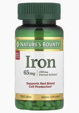 Nature's Bounty Iron supplement bottle, 65mg tablets for red blood cell support