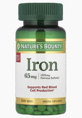 Nature's Bounty Iron supplement bottle, 65mg tablets for red blood cell support