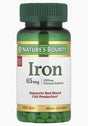Nature's Bounty Iron supplement bottle, 65mg tablets for red blood cell support