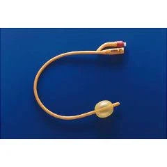 Foley catheter with balloon on blue background, essential medical supply for home care