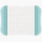 Sterile medical adhesive bandage with grid pattern and aqua blue edges on white background