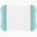 Sterile medical adhesive bandage with grid pattern and aqua blue edges on white background