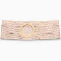 Adjustable beige ostomy belt medical support with circular stoma opening.