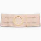 Adjustable beige ostomy belt medical support with circular stoma opening.