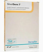 Box of SilverDerm 7 silver contact layer wound dressings for wound care, 4x4 inches, 10 count