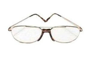 Clear prescription eyeglasses with thin metal frames on a white background