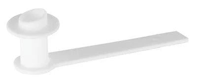 White plastic medical supply tool with a round base and elongated handle on white background