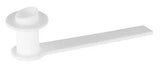 White plastic medical supply tool with a round base and elongated handle on white background