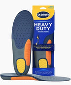 Heavy duty support insoles for men, ergonomic design, blue and yellow, Dr. Scholl's packaging