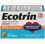 Ecotrin 81mg low strength safety coated aspirin NSAID, 45 tablets, pain reliever box.