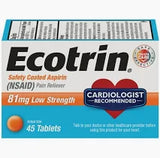 Ecotrin 81mg low strength safety coated aspirin NSAID, 45 tablets, pain reliever box.