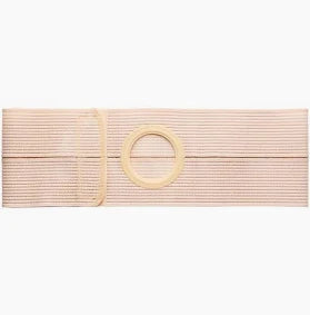 Elastic beige abdominal support belt with stoma opening for medical use