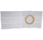 White ostomy support belt with circular stoma opening for medical use