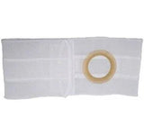 White ostomy support belt with circular stoma opening for medical use