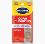 Dr. Scholl's corn cushions packaging for foot pain relief, doctor recommended, beige pads shown