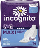 Incognito Maxi overnight pads 14-pack with odor control, hypoallergenic, fragrance-free packaging.