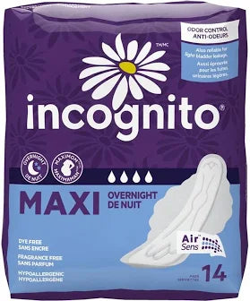 Incognito Maxi overnight pads 14-pack with odor control, hypoallergenic, fragrance-free packaging.